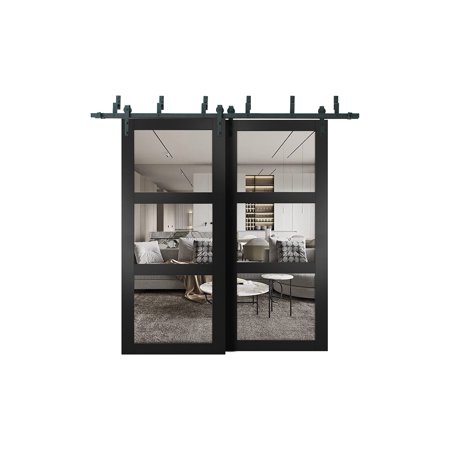 Lucia 2555 Matte Black, Barn Bypass Doors with Clear Glass - 56" x 80"