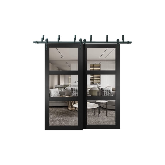Lucia 2555 Matte Black, Barn Bypass Doors with Clear Glass - 72" x 80"