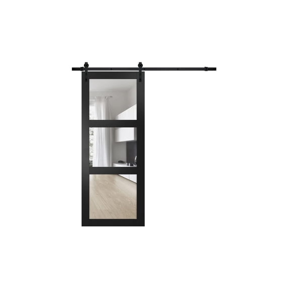 Lucia 2555 Matte Black, Barn Door with Clear Glass, 6.6FT Rail Kit - 32" x 96"