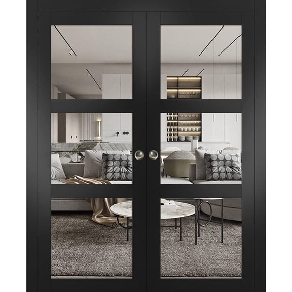 Lucia 2555 Matte Black, Double Pocket Doors with Clear Glass - 48" x 96"