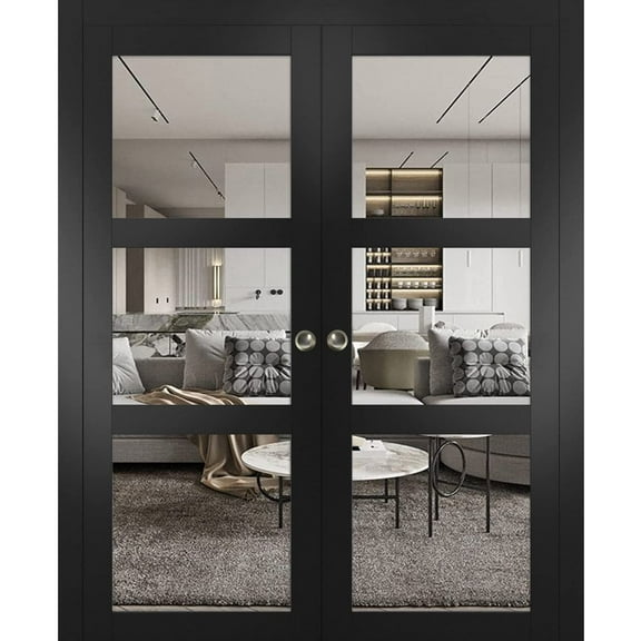 Lucia 2555 Matte Black, Double Pocket Doors with Clear Glass - 64" x 96"