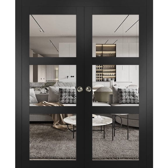 Lucia 2555 Matte Black, Double Pocket Doors with Clear Glass - 84" x 96"
