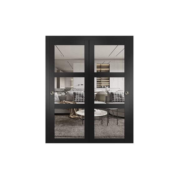 Lucia 2555 Matte Black, Sliding Closet Clear Glass Bypass Doors - 48" x 84"
