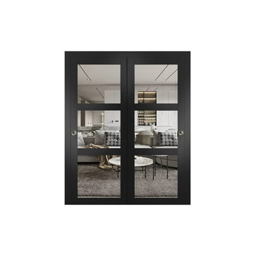 Lucia 2555 Matte Black, Sliding Closet Clear Glass Bypass Doors - 56" x 80"