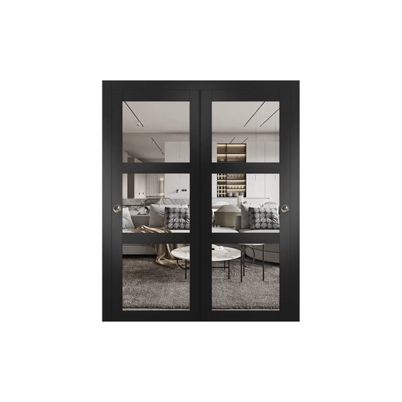 Lucia 2555 Matte Black, Sliding Closet Clear Glass Bypass Doors - 60" x 80"