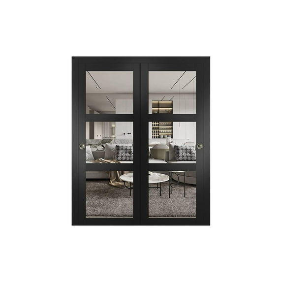 Lucia 2555 Matte Black, Sliding Closet Clear Glass Bypass Doors - 64" x 84"