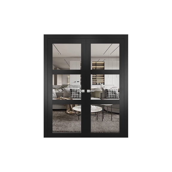Lucia 2555 Matte Black, Solid French Double Doors with Clear Glass - 36" x 84"