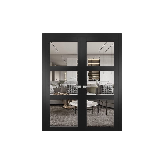 Lucia 2555 Matte Black, Solid French Double Doors with Clear Glass
