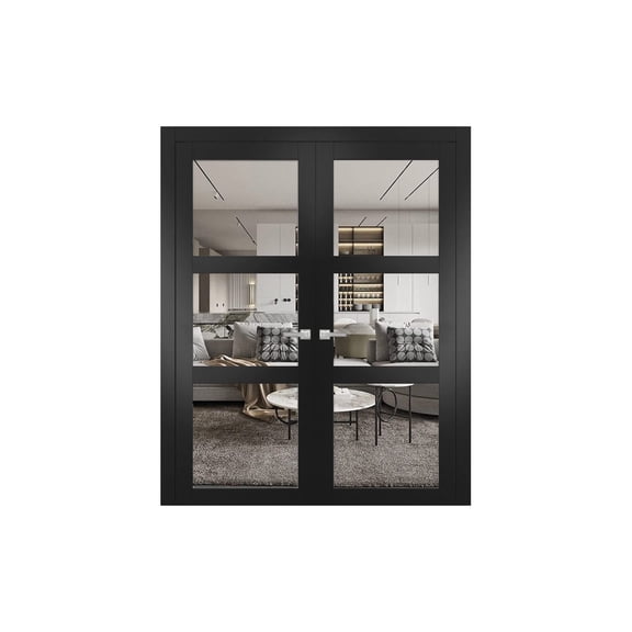 Lucia 2555 Matte Black, Solid French Double Doors with Clear Glass