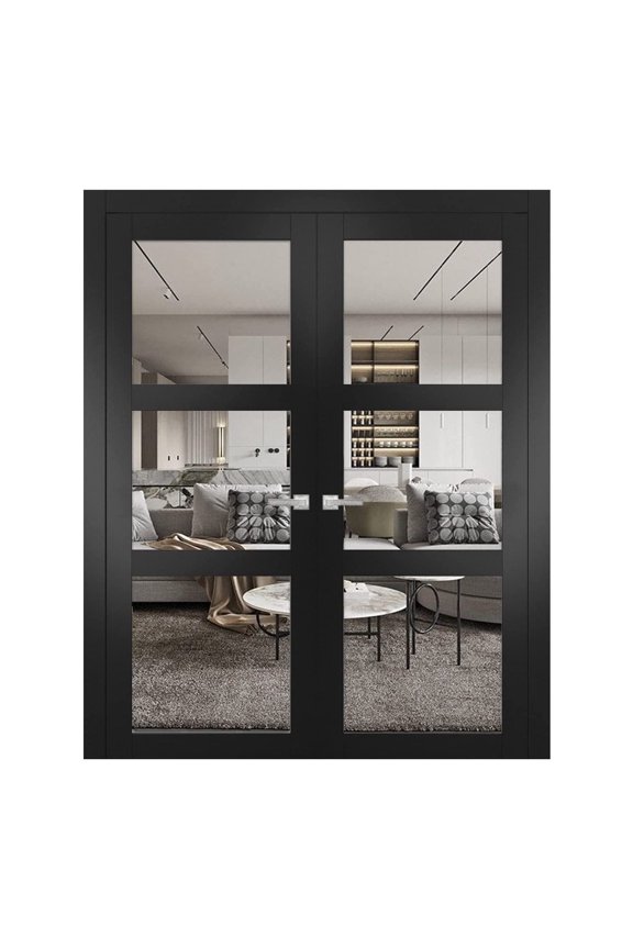 Lucia 2555 Matte Black, Solid French Double Doors with Clear Glass