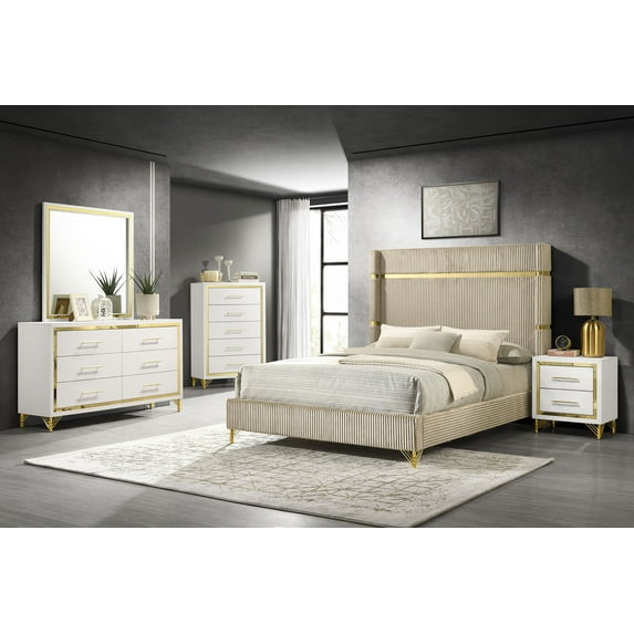 Lucia 5-piece Bedroom Set with Upholstered Queen Wingback Panel Bed Beige