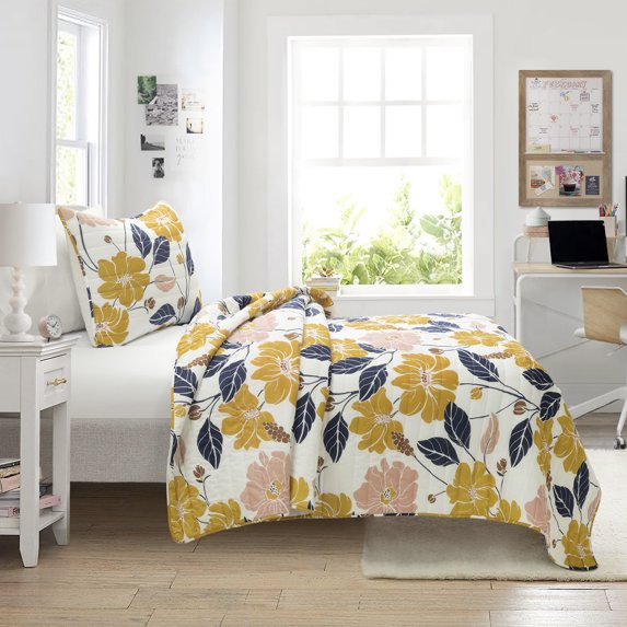 Lucia Abstract Floral Cotton Quilt Yellow/Navy 2Pc Set Twin XL
