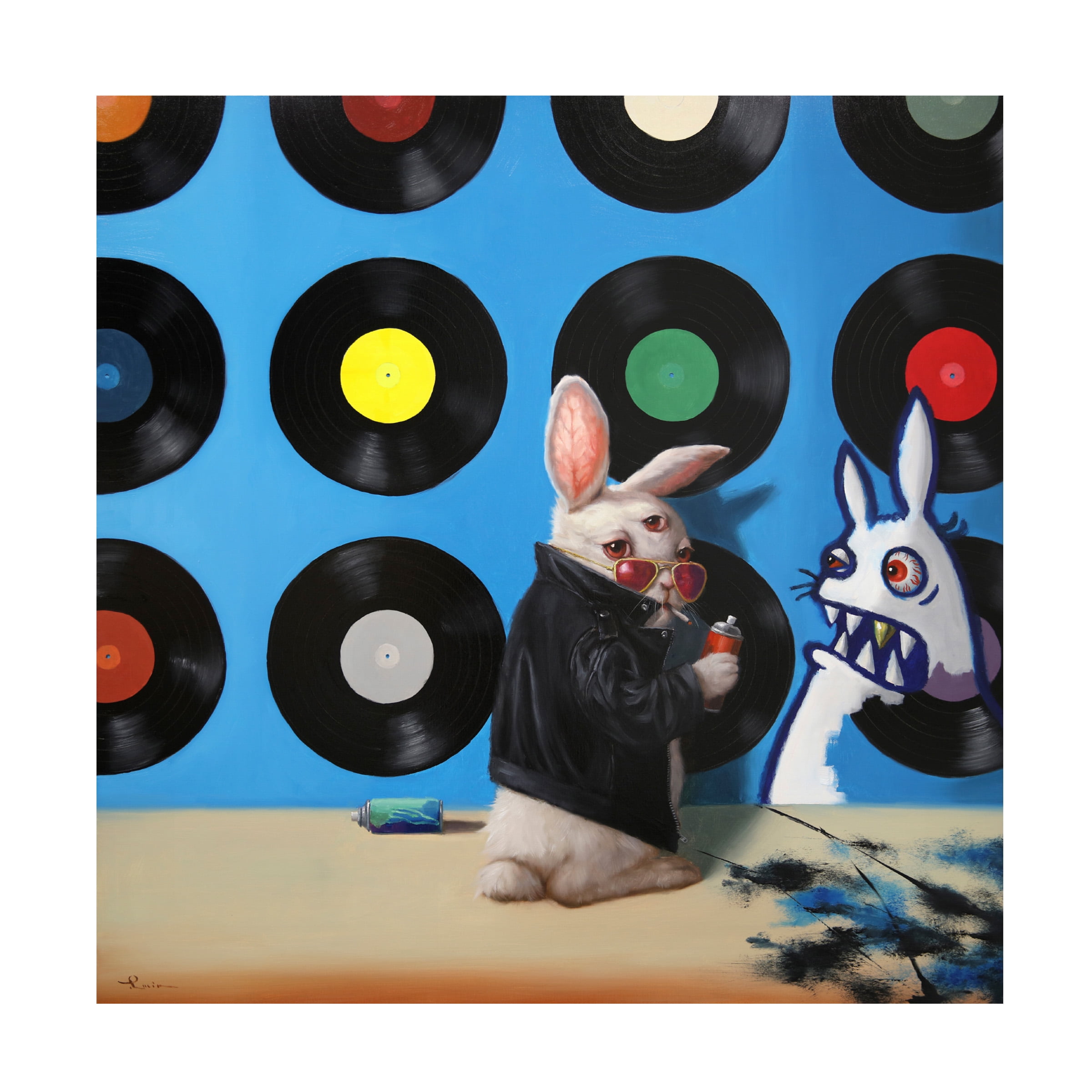 18" x 18" Light Blue and Black Canvas Art with Rabbit