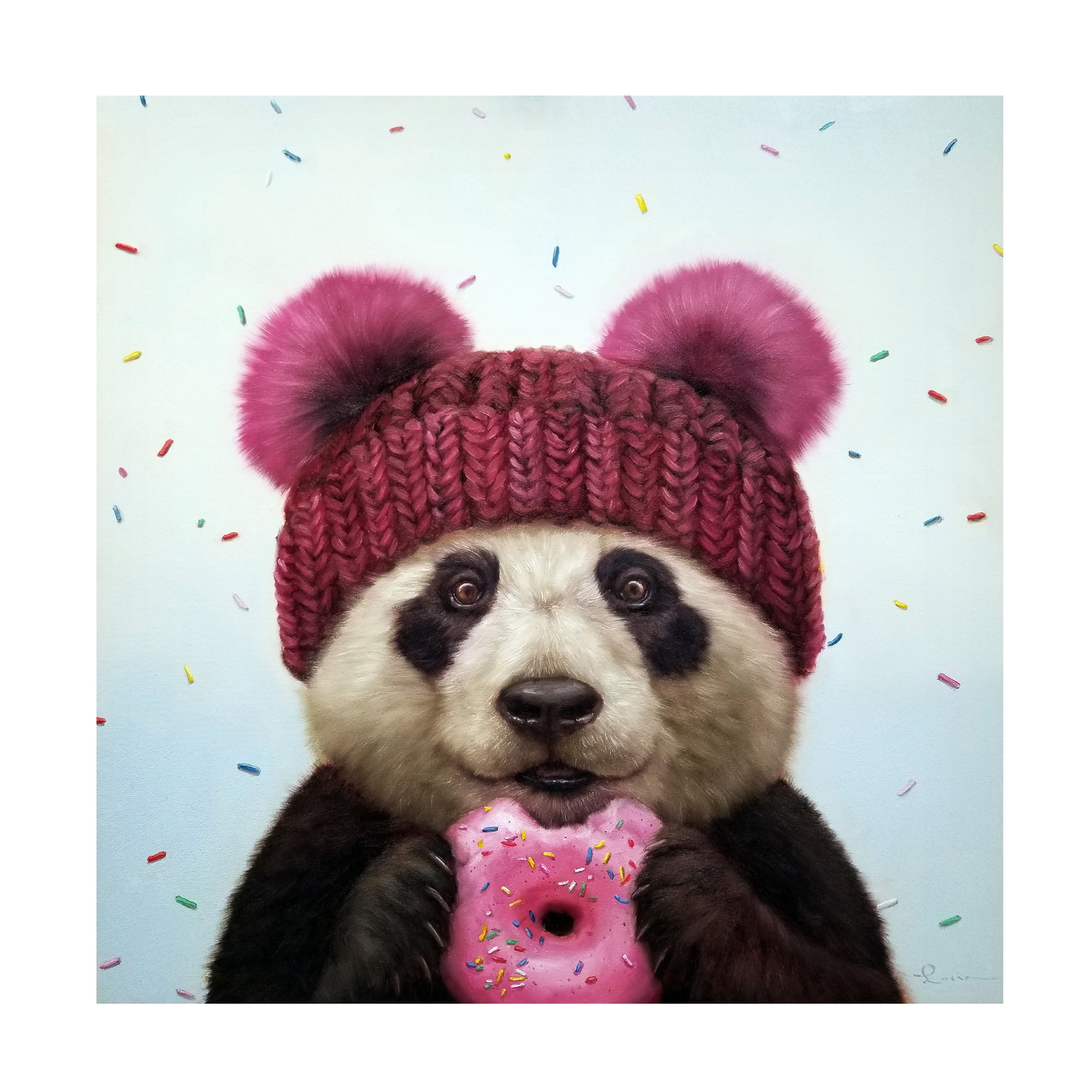 Panda with Knit Hat Eating Doughnut Canvas Art