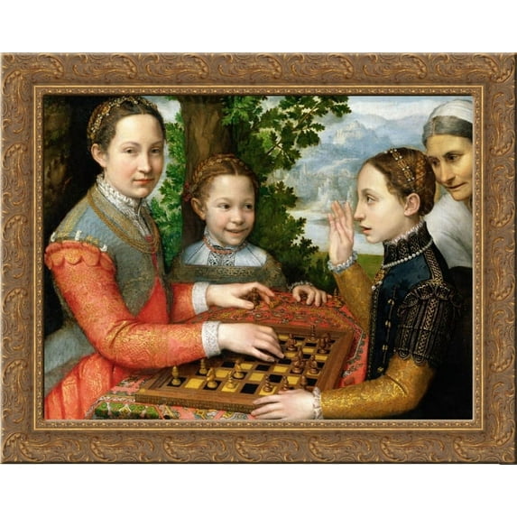 Lucia, Minerva and Europa Anguissola Playing Chess 24x20 Gold Ornate Wood Framed Canvas Art by Sofonisba Anguissola