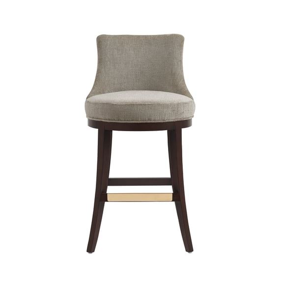 Lucia Taupe Chenille Barstool with Beech Wood Legs Modern Upholstered Stool with Curved Backrest and Footrest for Kitchen Island or Home Bar