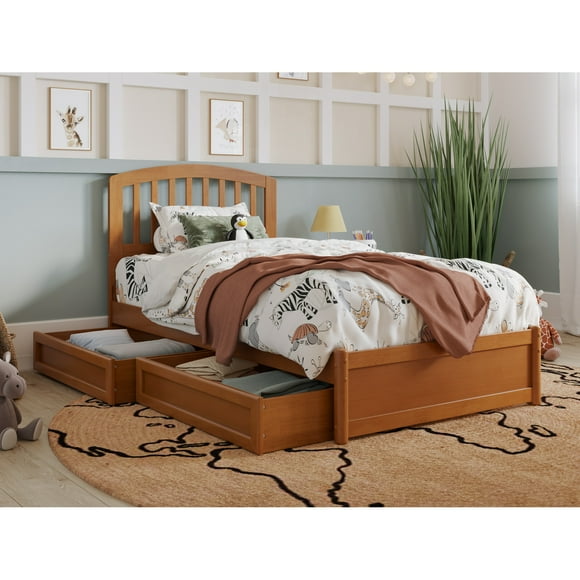 Lucia Twin Wood Platform Bed with Panel Footboard & Drawers in Light Toffee