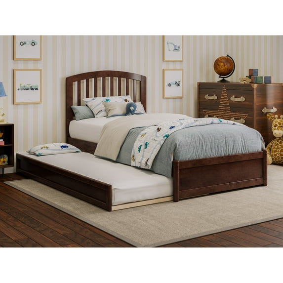 Lucia Twin Wood Platform Bed with Panel Footboard and Twin Trundle in Walnut