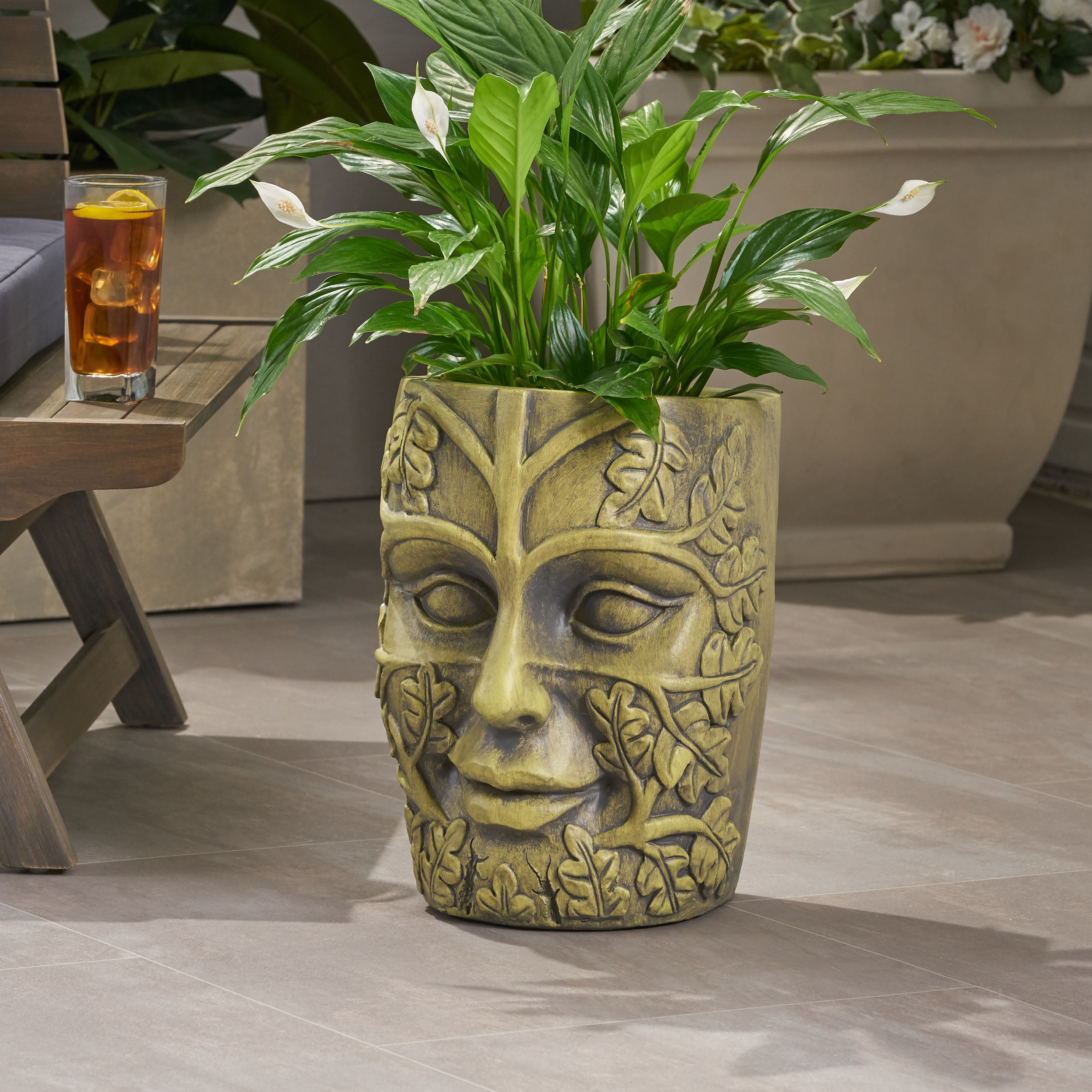 Lucian Outdoor Stone Mother Earth Urn, Antique Green