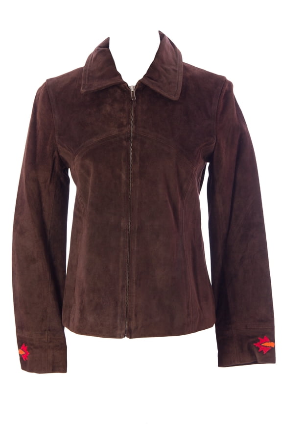 Women's Floral Detailed Suede Jacket Sz Small Brown