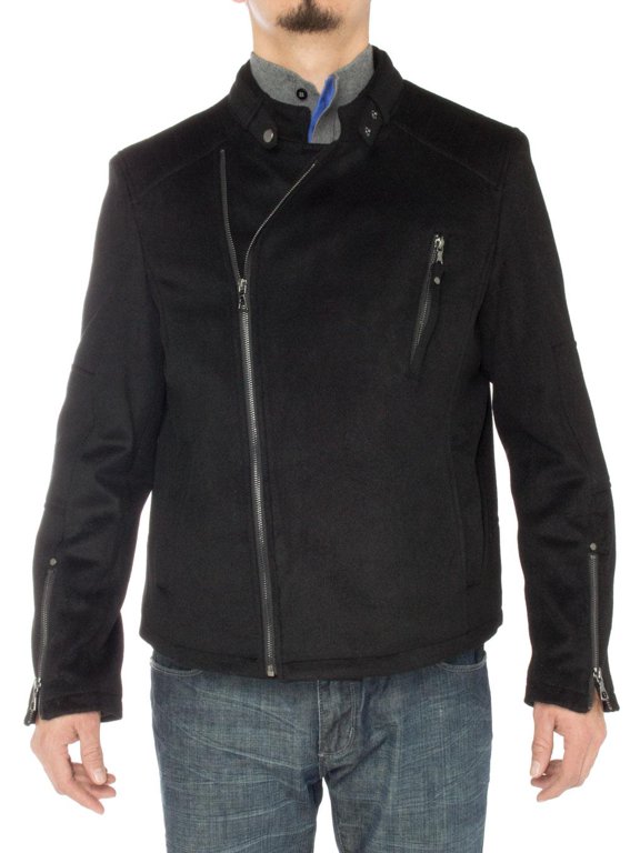 Men's Wool Casual Sport Coat Modern Fit Stand Collar Moto Jacket Black