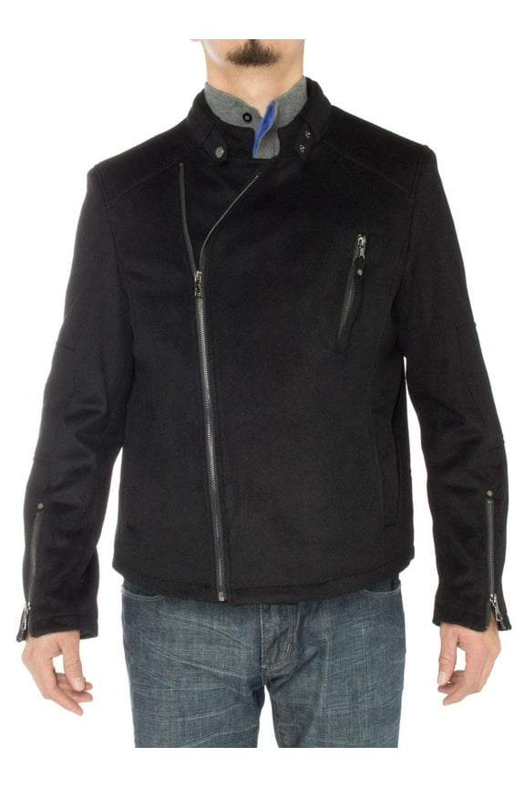 Men's Wool Casual Sport Coat Modern Fit Stand Collar Moto Jacket Black