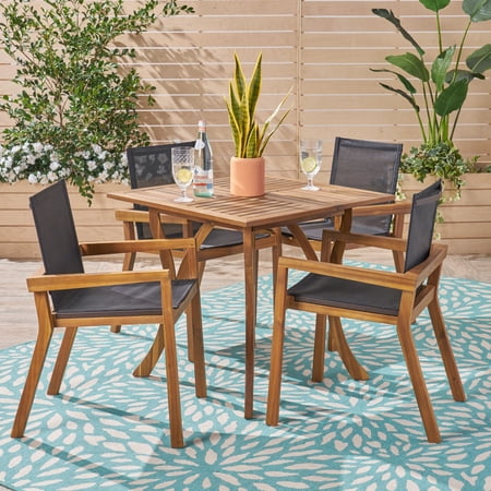 Luciano Outdoor 5 Piece Acacia Wood and Mesh Square Dining Set, Teak, Black