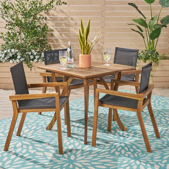Luciano Outdoor 5 Piece Acacia Wood and Mesh Square Dining Set, Teak, Black