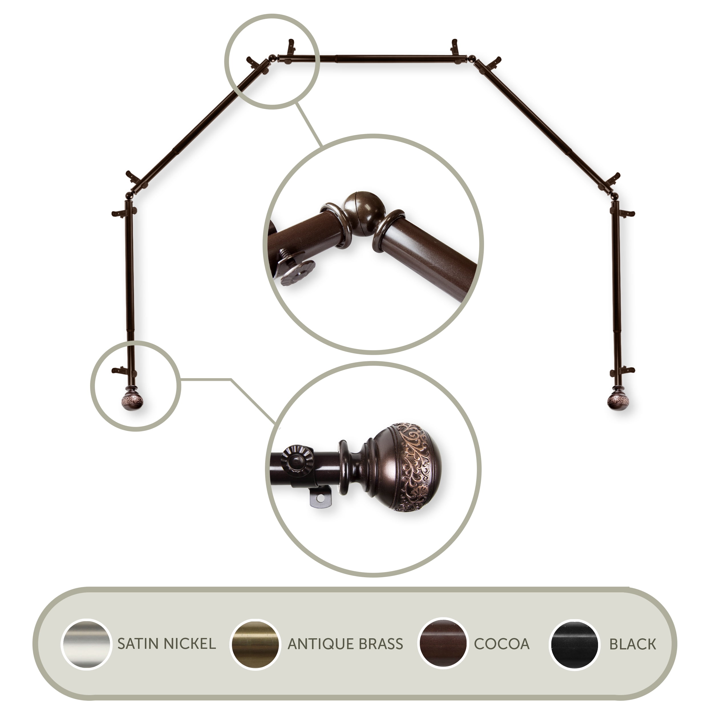 Lucid 13/16" 5-Sided Bay Window Curtain Rod - Cocoa