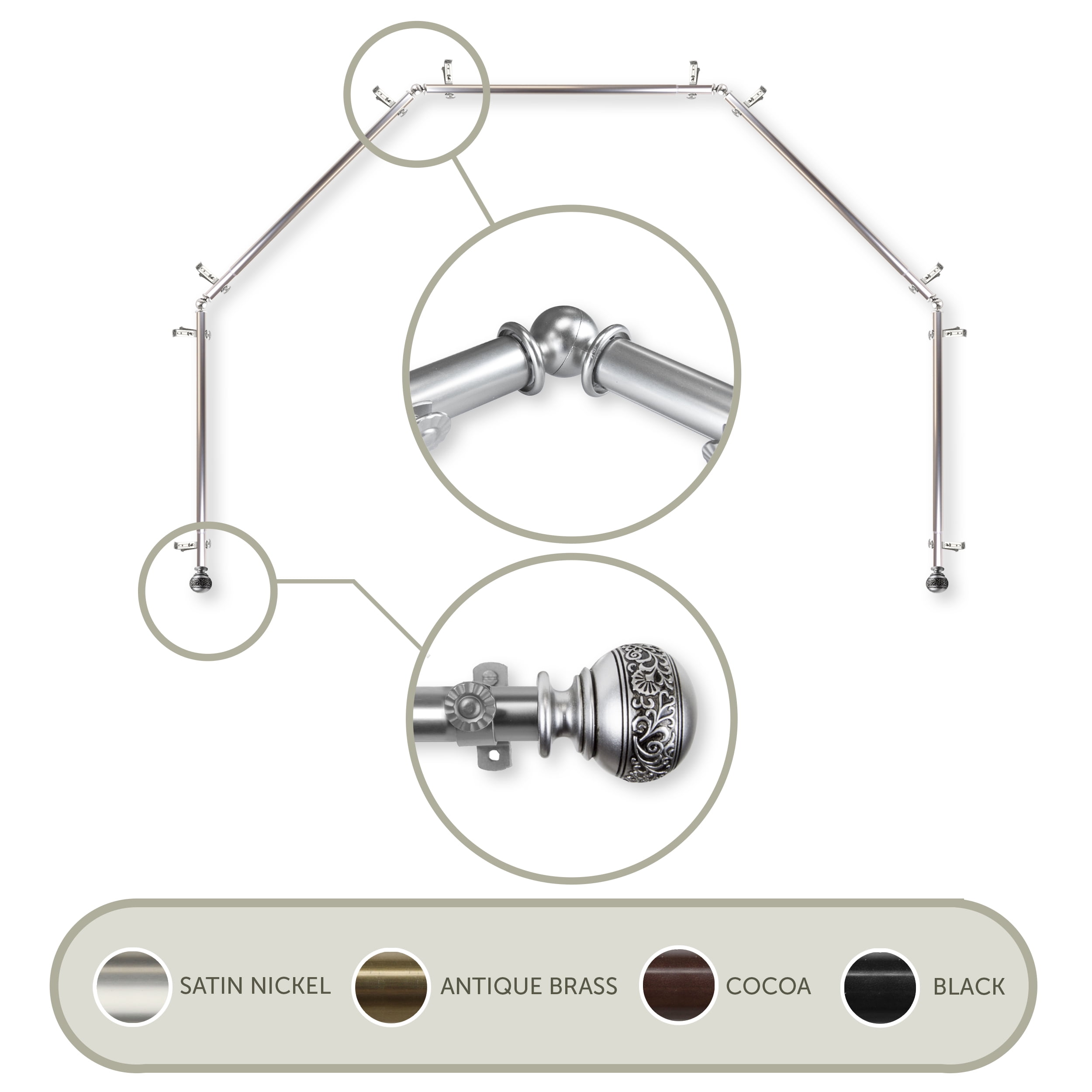 Lucid 13/16" 5-Sided Bay Window Curtain Rod - Satin Nickel