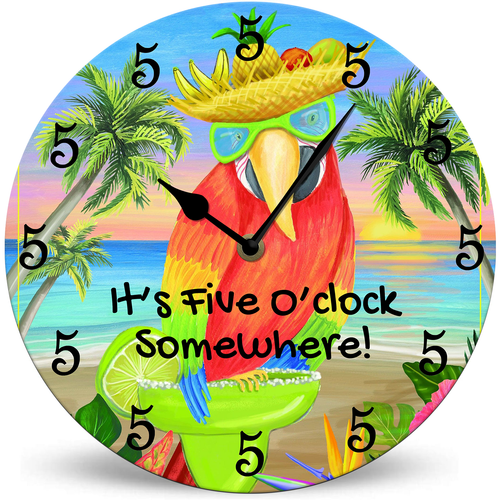 Lucidhisun 5 O'Clock Somewhere Wall Clocks Silent Non-Ticking Battery Operated Clock 10in, Round Beach House Gifts Wood Wall Clock for Bathroom Decorative for Living Room, Kitchen, Office