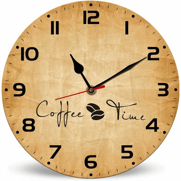 Lucidhisun Coffee Time Battery Operated Round Wood Silent Non Ticking Wall Clock 10in, Rustic Coffee Lover Gift Decor Wall Clock for Living Room, Kitchen, Home,Bathroom, Bedroom, Laundry Room