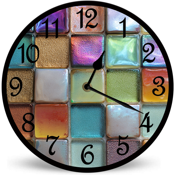 Lucidhisun Colorful Retro Blocks Wall Clocks Silent Non-Ticking Battery Operated Clock 10inch, Wood Round Wall Clock for Bathroom Decorative for Living Room,Kitchen,Office