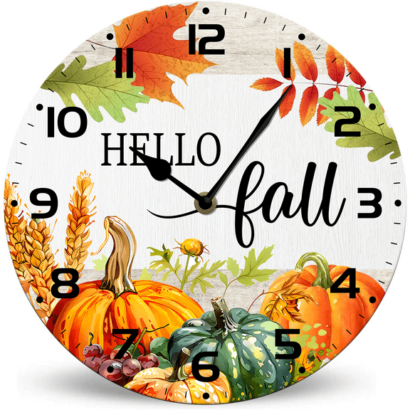 Lucidhisun Hello Fall Pumpkin Wood Clock 10in Battery Operated Non-Ticking Wall Clock, Round Farmhouse Autumn Decor Wall Clocks for Kitchen Living Room Bedroom Bathroom
