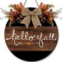 Lucidhisun Hello Fall Wooden Welcome Sign for Front Door, Maple Leaf Round Wood Signs, Autumn Hanging for Farmhouse Porch Door Wall Window Decoration 12in