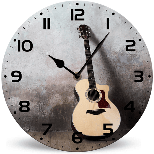 Lucidhisun Modern Guitar Decoration Wood Clock 10inch Battery Operated Non-Ticking Wall Clock, Round Farmhouse Music Lovers Wall Clocks for Home Decor Living Room Kitchen Office