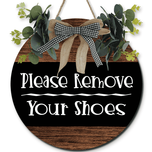 Lucidhisun Please Remove Your Shoes Front Door Signs 12in, Wood Bar Door Plaque, Farmhouse But First Coffee Signs Wreath & Buffalo Bow Decoration for Home Bar Outdoor Indoor