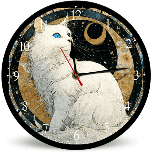 Lucidhisun Stars Moon White Cat Wooden Clock 10in Silent Non-Ticking ...
