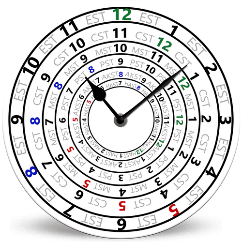 Lucidhisun US Time Zones Battery Operated Round Wood Silent Non Ticking Kitchen Wall Clock 10in, Unique/Funny Gift Time Zone Wall Clock for Kitchen Living Room Bedroom Bathroom