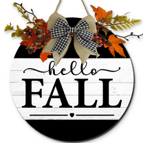 Lucidhisun Wood Hello Fall Sign for Front Door Porch, Rustic Pumpkin Maple Leaf Decor Wreaths Signs for Farmhouse Decorations, Wood Autumn Hanging for Home Decor Outdoor Indoor 12in