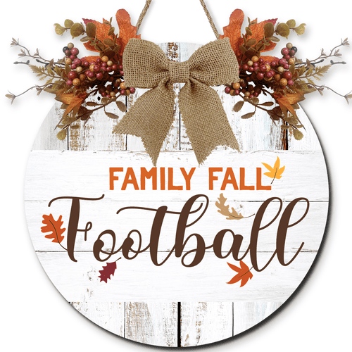 Lucidhisun Wooden Family Fall Football Welcome Sign for Front Door, Maple Leaf Round Wood Signs, Autumn Hanging for Football Season Farmhouse Porch Door Wall Window Decoration 12in