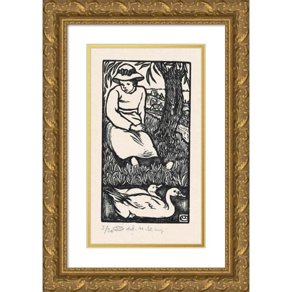 Lucien Pissarro 10x14 Gold Ornate Wood Frame and Double Matted Museum Art Print Titled - Girl and Two Ducks (1912)