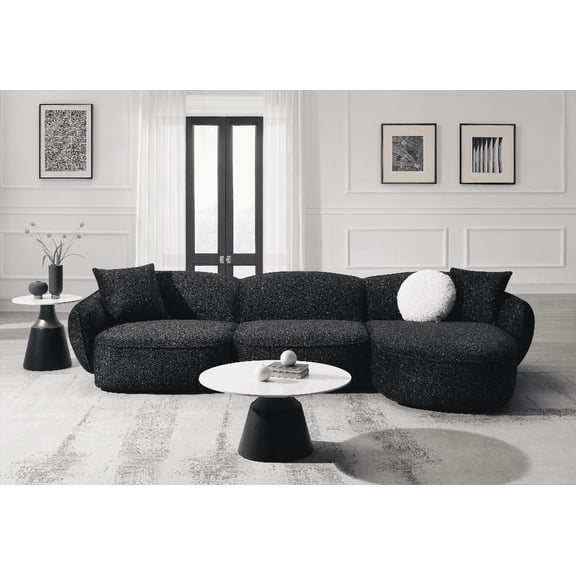 Lucifer Black & White Shimmer Fabric Sectional Sofa with 3 Pillows for Small Spaces | KD Legs | 880lbs Weight Capacity