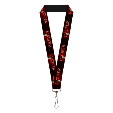 Lucifer Lanyard, Lucifer Title Logo Neon Light Pose Black Reds, Elastic