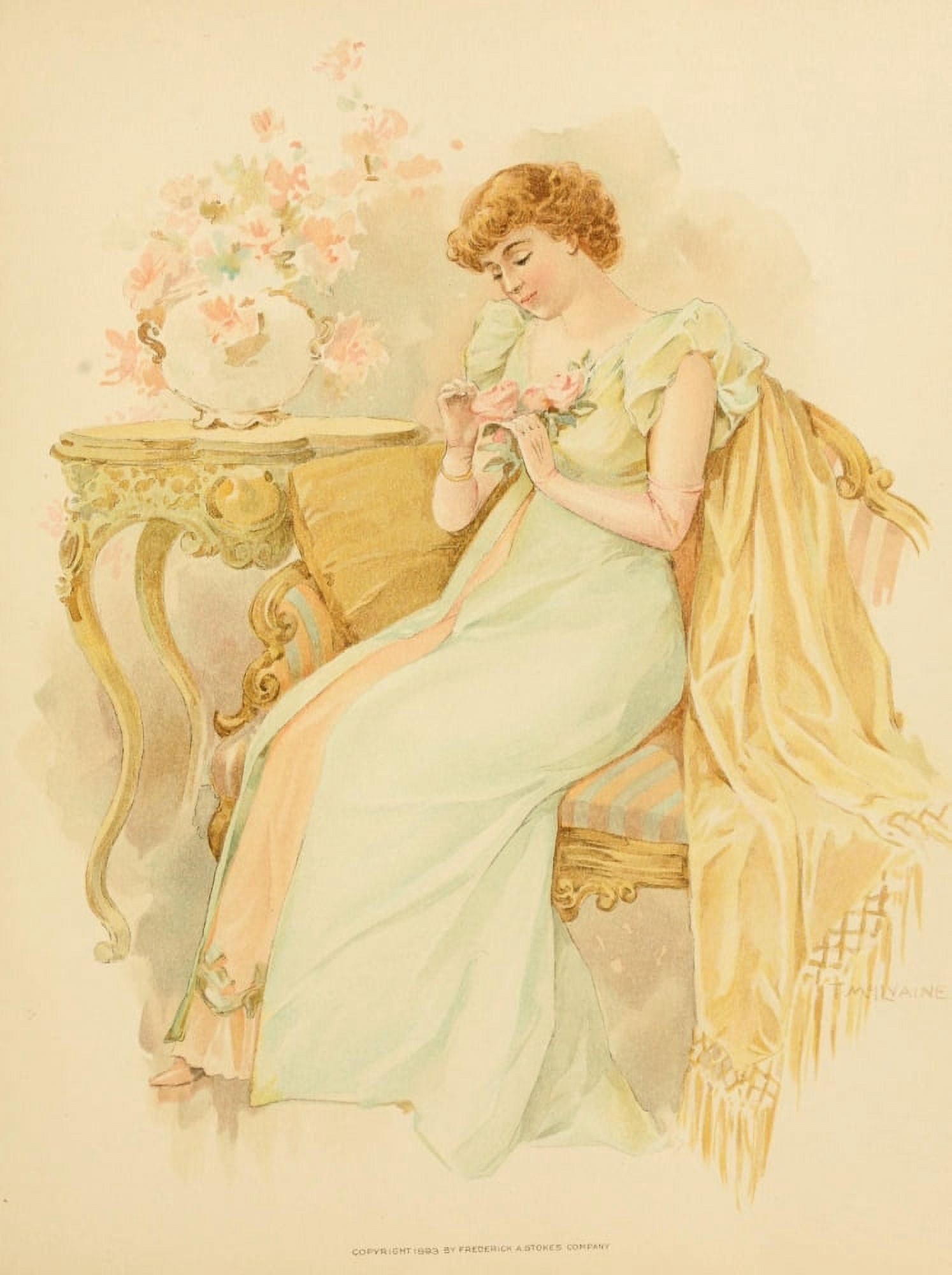 Lucile 1893 Girl with roses Canvas Art - Thomas McIlvaine (18 x 24)