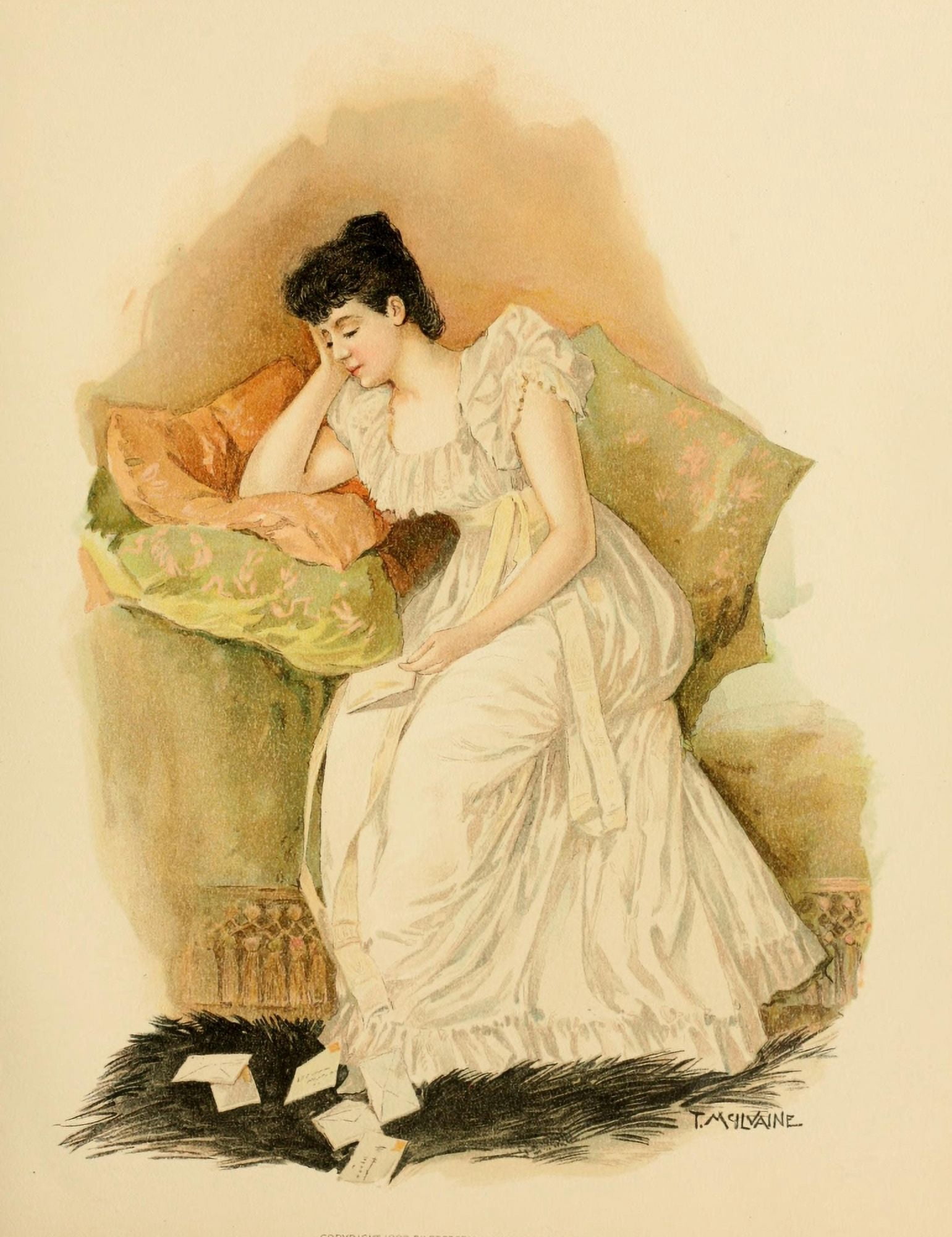 Lucile 1893 Reading letters Canvas Art - Thomas McIlvaine (18 x 24)