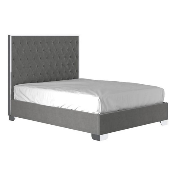 Lucille 60" Tufted Velvet and Stainless Steel Bed in Gray/Silver