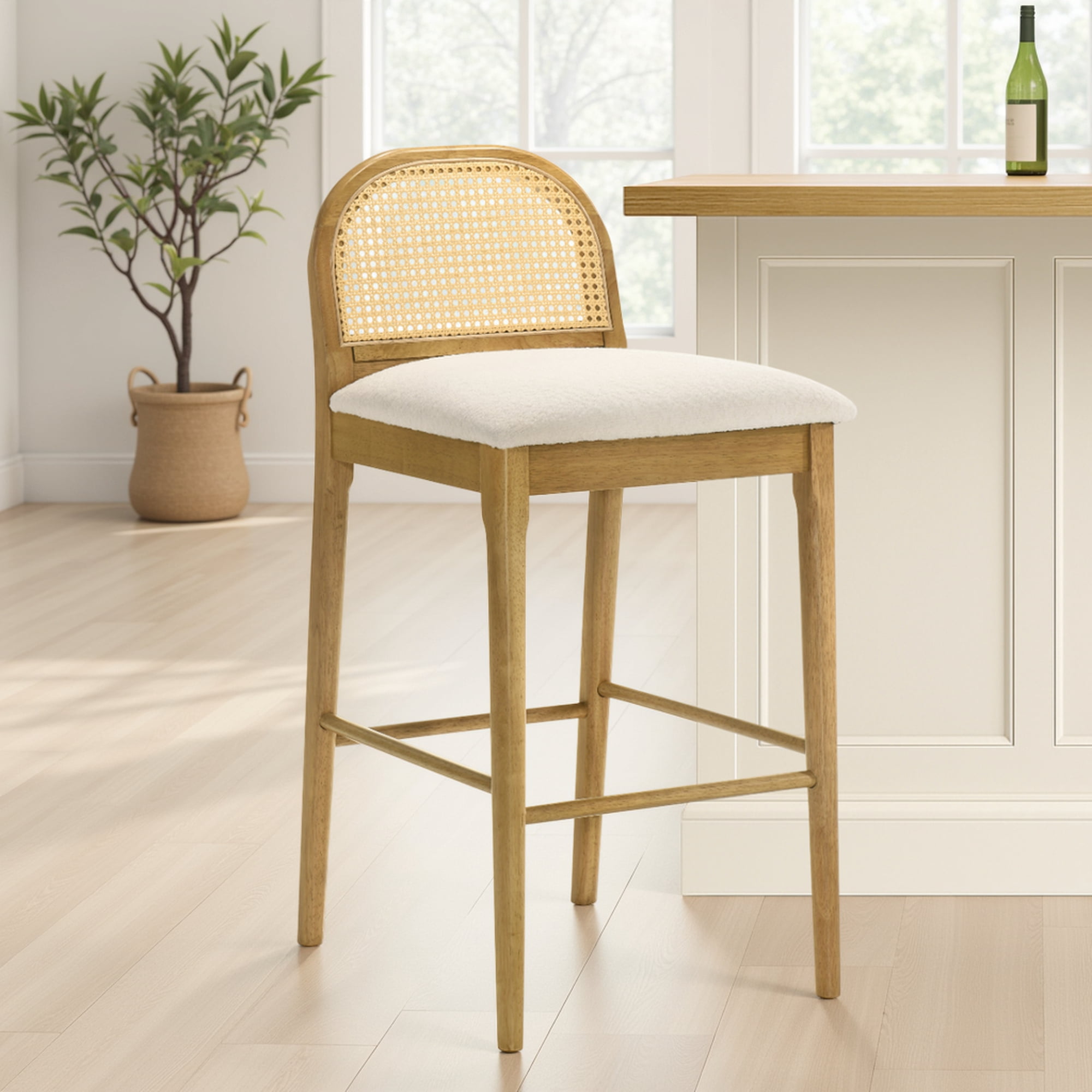 Lucio Modern Farmhouse Wood Bar Height Kitchen Bar Stool in Amber Glow Finish with White Boucle Fabric Upholstered Seat - Set of 3