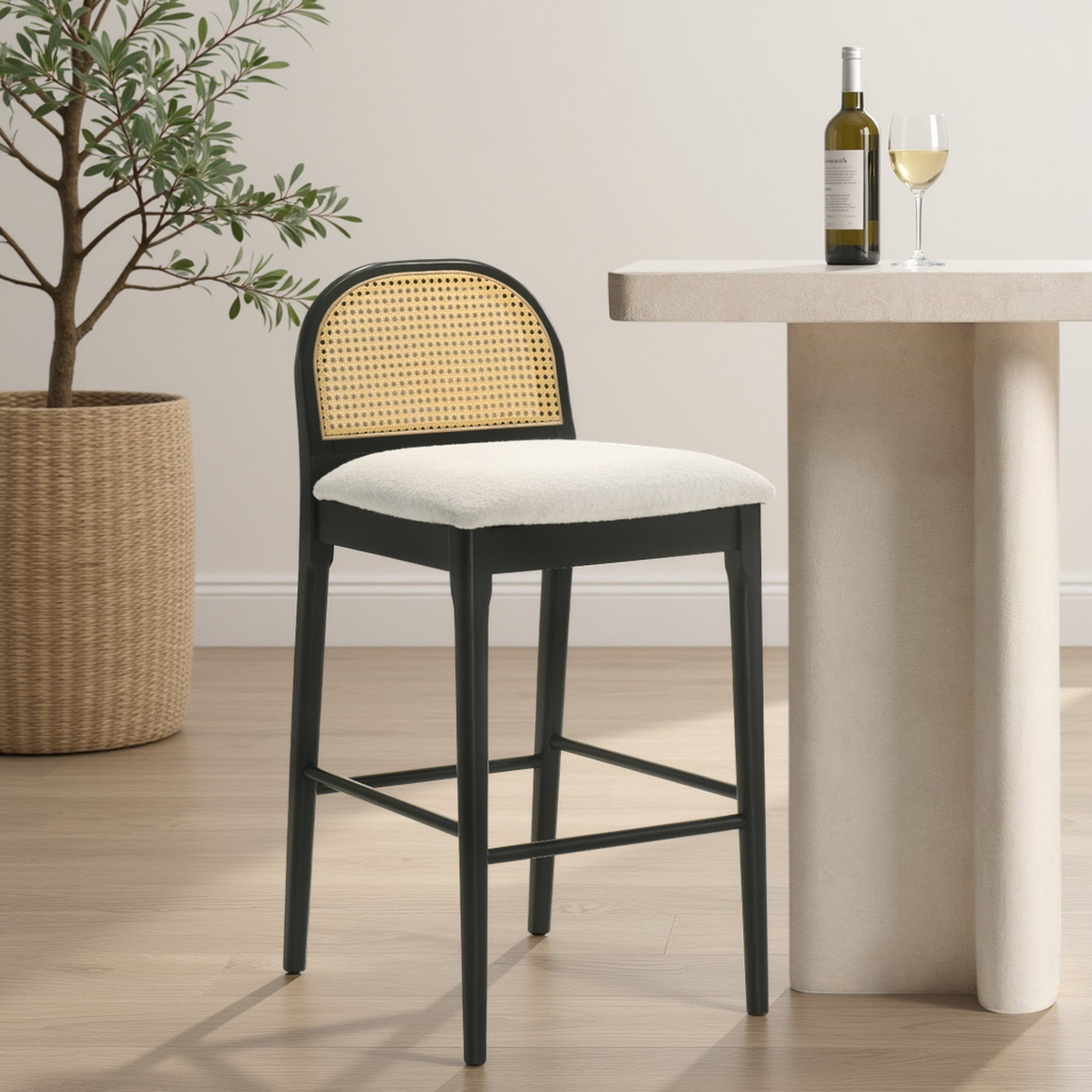 Lucio Modern Farmhouse Wood Bar Height Kitchen Bar Stool in Black Finish with White Boucle Fabric Upholstered Seat - Set of 2