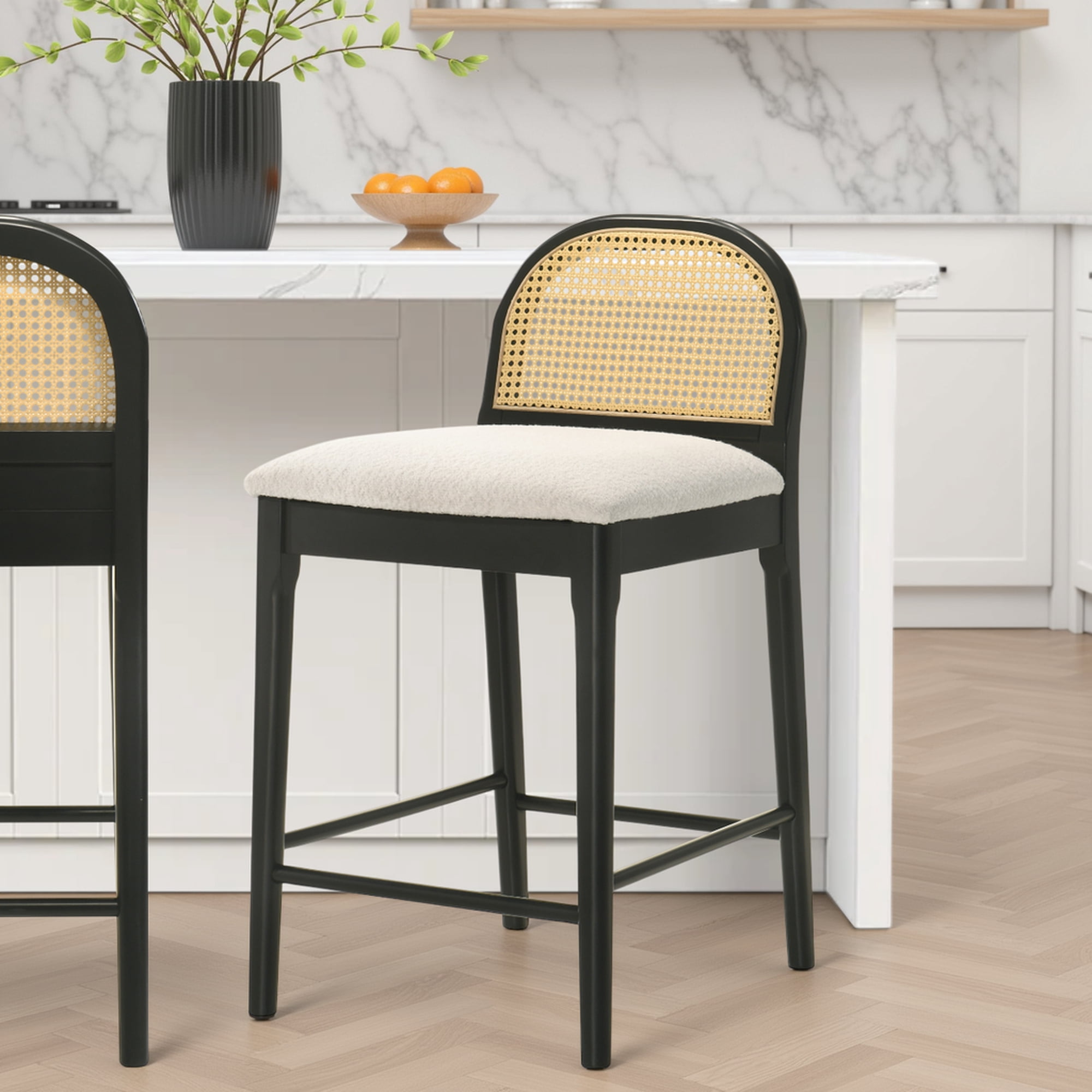 Lucio Modern Farmhouse Wood Counter Height Kitchen Bar Stool in Black Finish with White Boucle Fabric Upholstered Seat - Set of 2